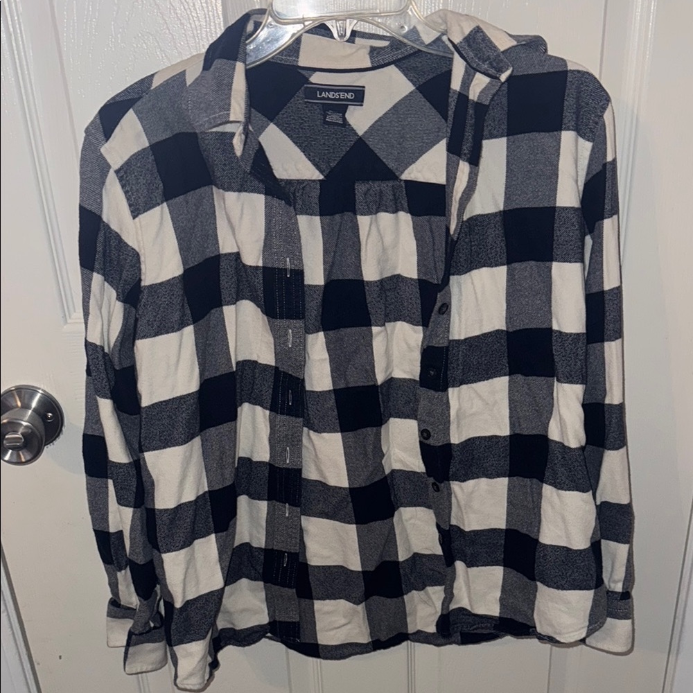 Lands' End Women’s Navy blue and White Plaid Long Sleeved Shirt
